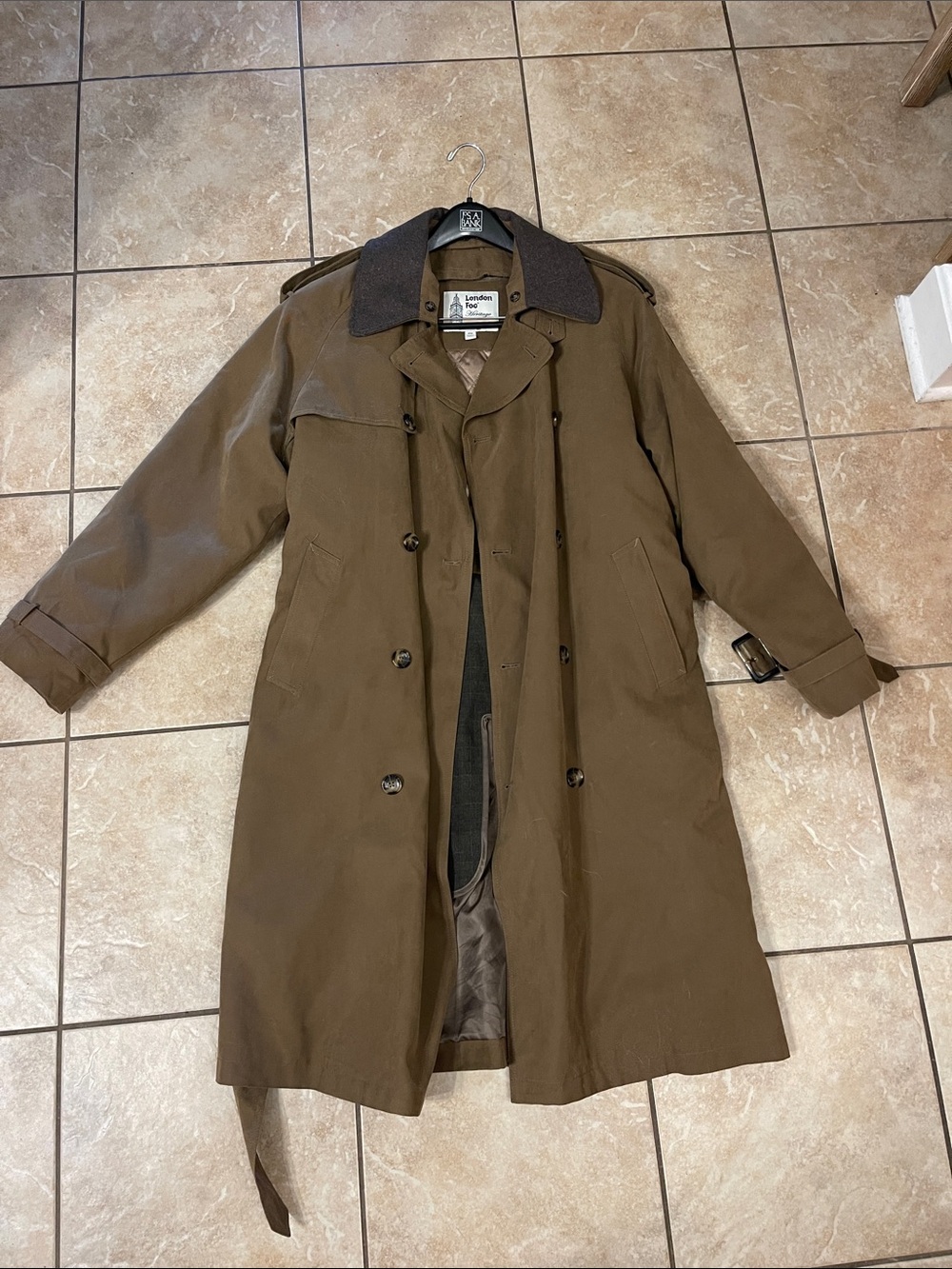 London Fog Olive Brown Trench Coat with Dark Contrast Collar